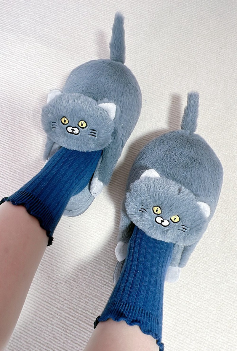 もふもふ　スリッパ　ネコ　グレー　23-26cm　送料無料　ワンサイズ展開